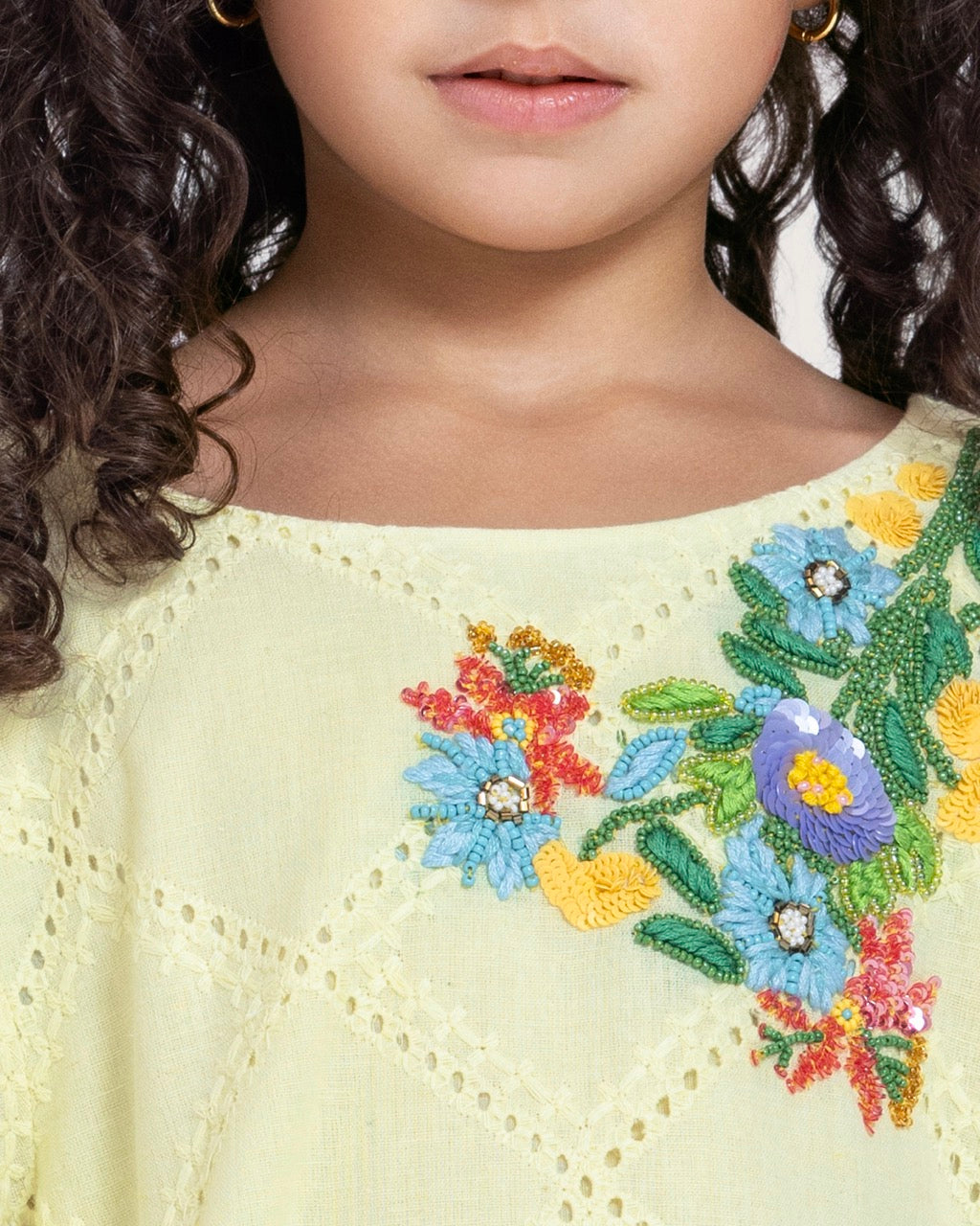 Loose Eyelet Cotton Kids Dress with Handmade Beaded & Sequin Embellishments