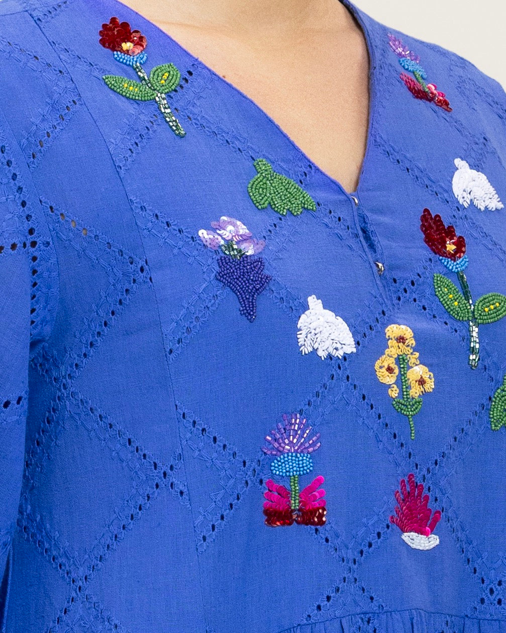 Eyelet Cotton A-Line Dress with Handmade Beaded & Sequin Details