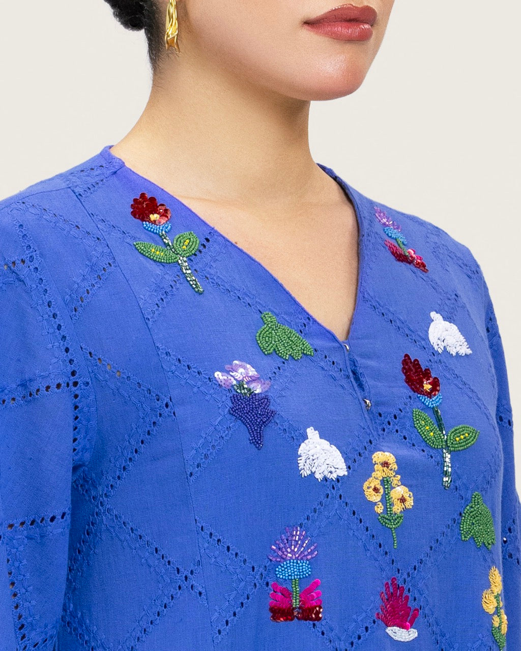 Eyelet Cotton A-Line Dress with Handmade Beaded & Sequin Details