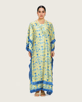 Yellow Satin Printed Dress with Fringes & 3D Floral Details