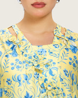 Yellow Satin Printed Dress with Fringes & 3D Floral Details