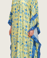 Yellow Satin Printed Dress with Fringes & 3D Floral Details