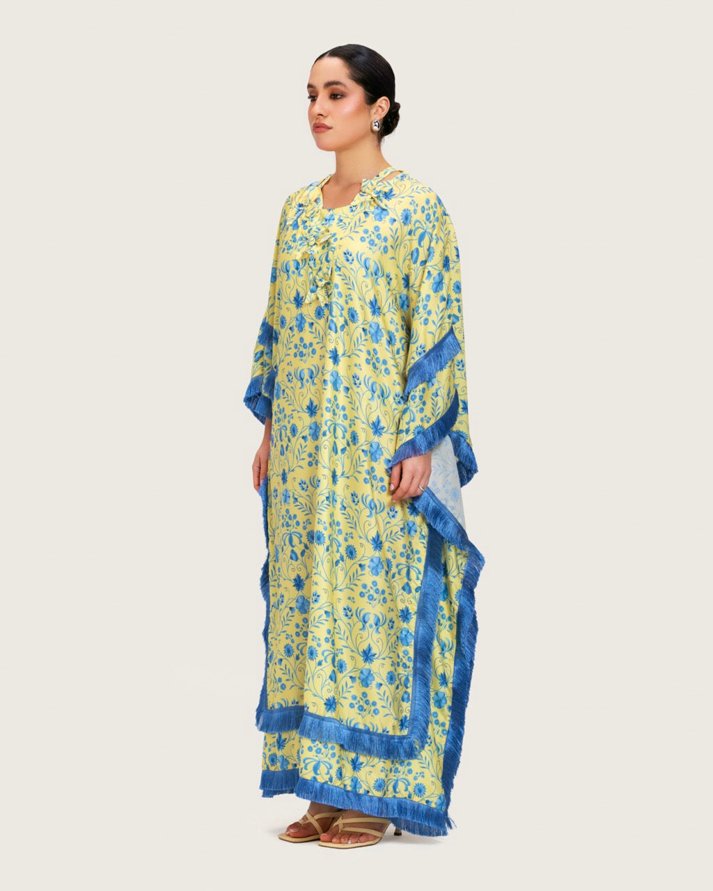 Yellow Satin Printed Dress with Fringes & 3D Floral Details