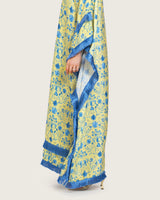 Yellow Satin Printed Dress with Fringes & 3D Floral Details