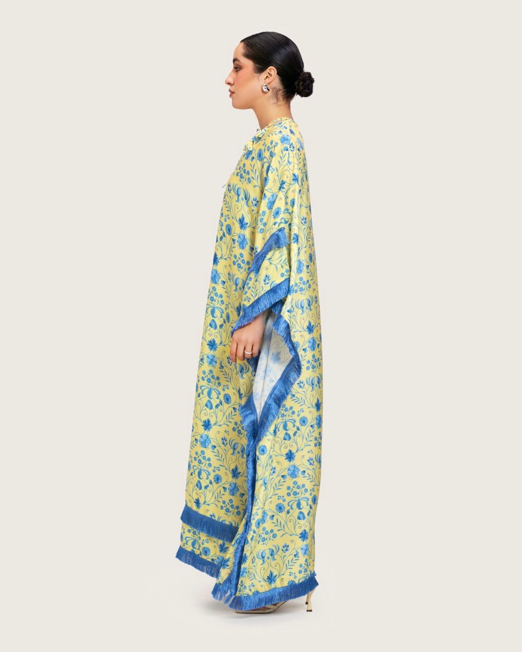 Yellow Satin Printed Dress with Fringes & 3D Floral Details