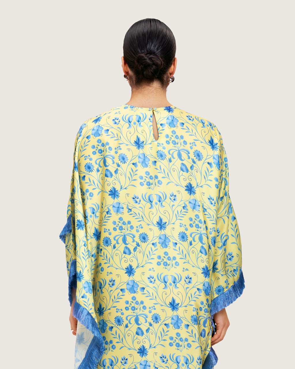 Yellow Satin Printed Dress with Fringes & 3D Floral Details