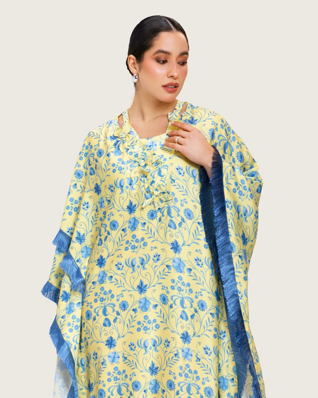 Yellow Satin Printed Dress with Fringes & 3D Floral Details