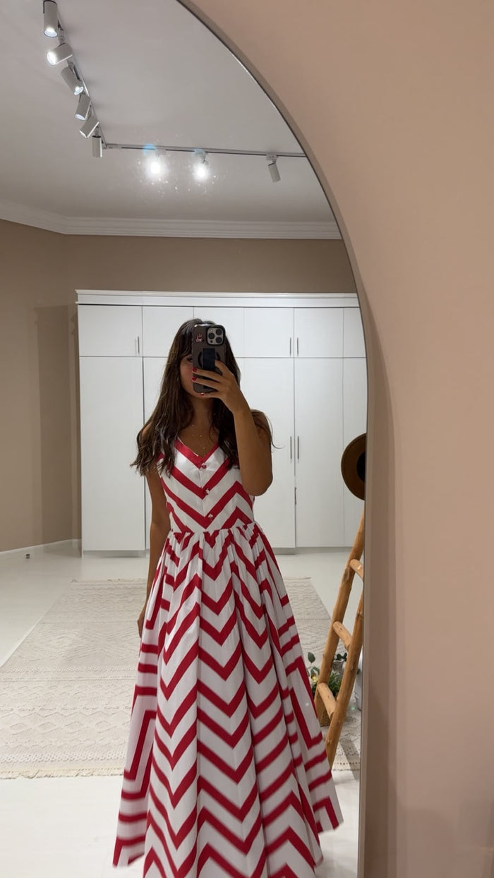 Chevron Poplin Ankle Length Dress with Belt