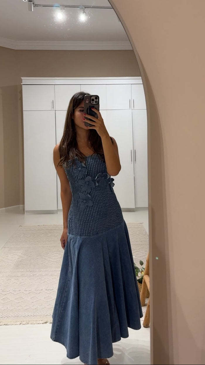 Floral Hand Appliqué Denim Midi Dress