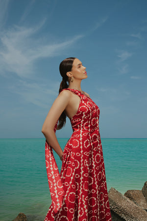 Red Printed Asymmetrical Linen Dress