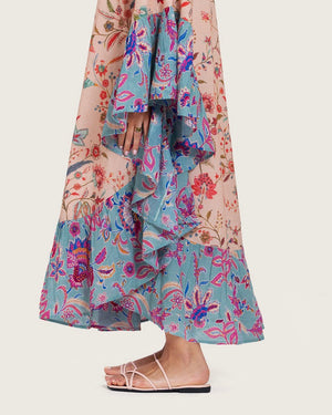 A flowy cotton kaftan with ruffle wide sleeves and mix print - Noētic