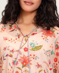 A flowy cotton kaftan with ruffle wide sleeves and mix print - Noētic