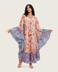 A flowy cotton kaftan with ruffle wide sleeves and mix print - Noētic