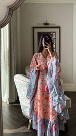 A flowy cotton kaftan with ruffle wide sleeves and mix print - Noētic