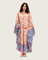 A flowy cotton kaftan with ruffle wide sleeves and mix print - Noētic