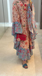A flowy cotton kaftan with ruffle wide sleeves and mix print - Noētic