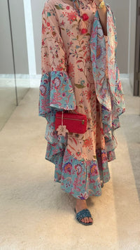 A flowy cotton kaftan with ruffle wide sleeves and mix print - Noētic