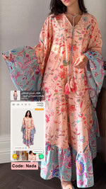 A flowy cotton kaftan with ruffle wide sleeves and mix print - Noētic