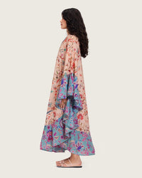 A flowy cotton kaftan with ruffle wide sleeves and mix print - Noētic
