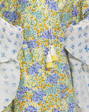 A flowy cotton kaftan with ruffle wide sleeves and pastel print - Noētic