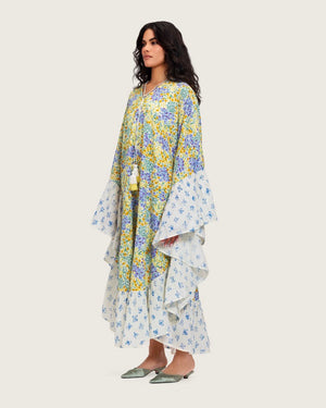 A flowy cotton kaftan with ruffle wide sleeves and pastel print - Noētic
