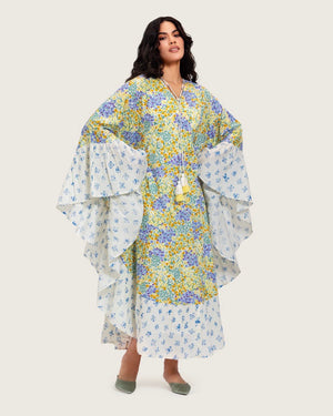 A flowy cotton kaftan with ruffle wide sleeves and pastel print - Noētic
