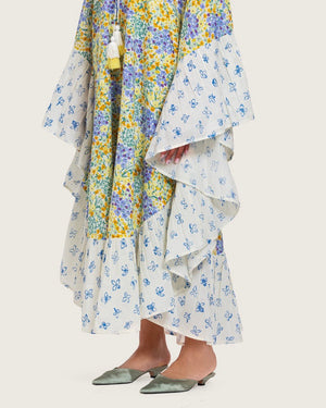 A flowy cotton kaftan with ruffle wide sleeves and pastel print - Noētic