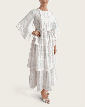 Aqua Bloom Tiered Lace Trim Maxi Dress - Noētic
