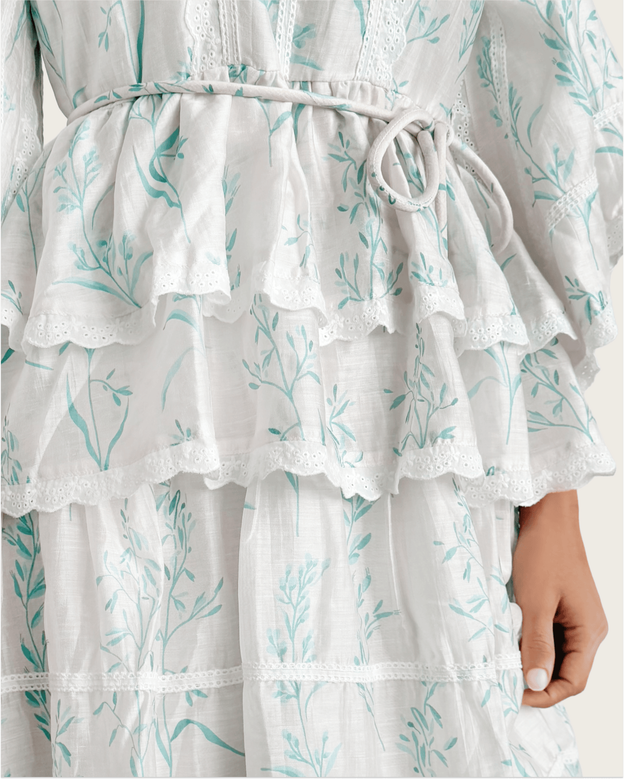 Aqua Bloom Tiered Lace Trim Maxi Dress - Noētic