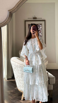 Aqua Bloom Tiered Lace Trim Maxi Dress - Noētic