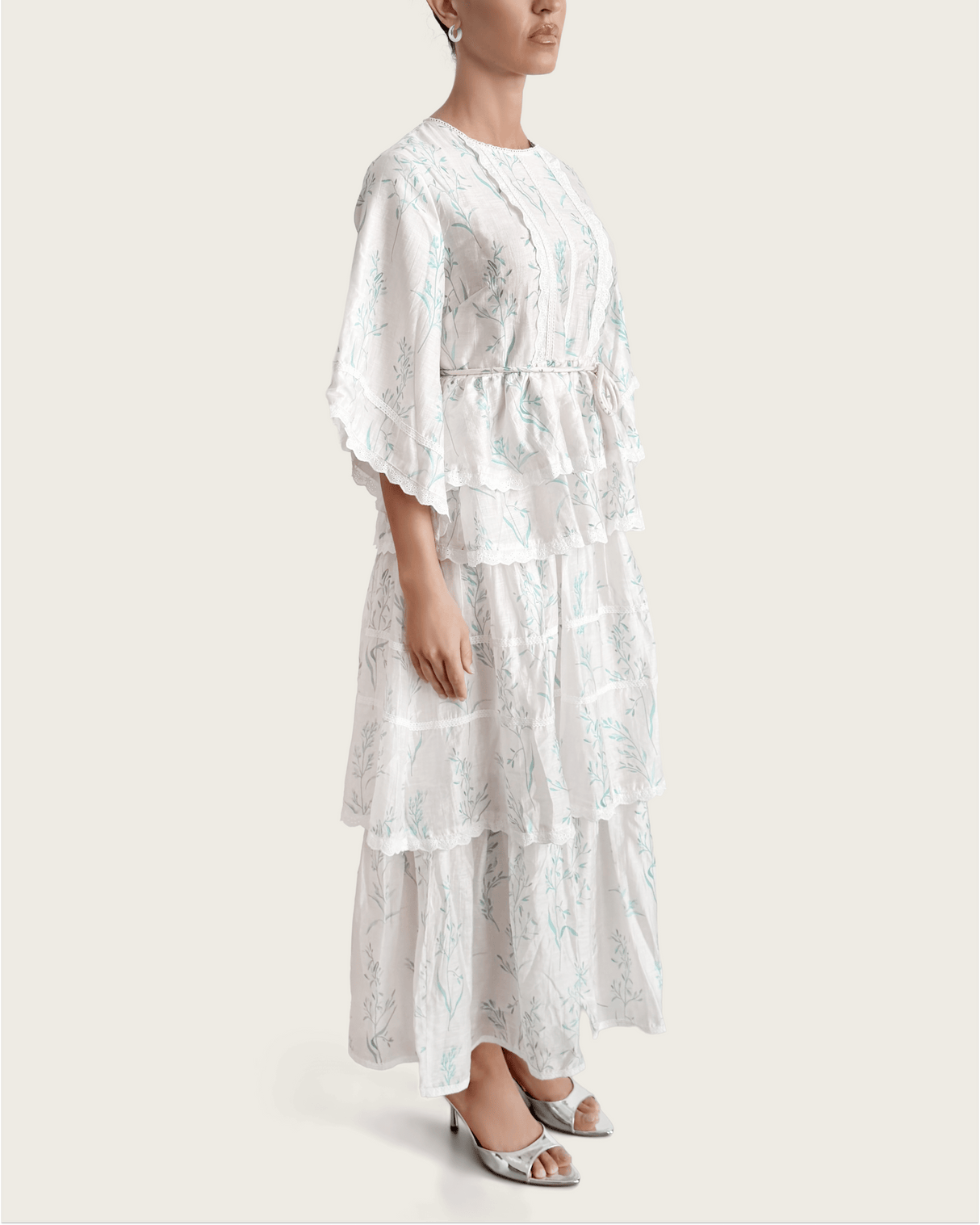 Aqua Bloom Tiered Lace Trim Maxi Dress - Noētic