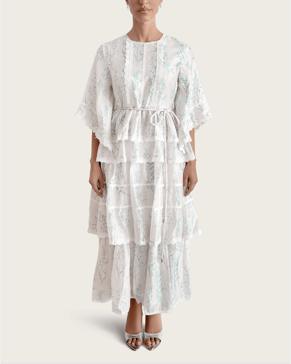 Aqua Bloom Tiered Lace Trim Maxi Dress - Noētic