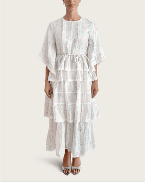 Aqua Bloom Tiered Lace Trim Maxi Dress - Noētic
