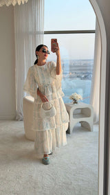 Aqua Bloom Tiered Lace Trim Maxi Dress