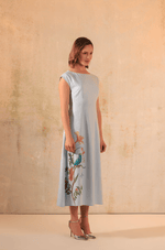 Baby Blue Linen Midi Dress with Floral Placement Print - Noētic