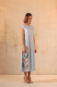 Baby Blue Linen Midi Dress with Floral Placement Print - Noētic