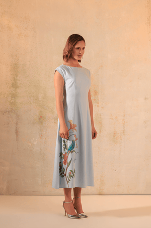 Baby Blue Linen Midi Dress with Floral Placement Print - Noētic
