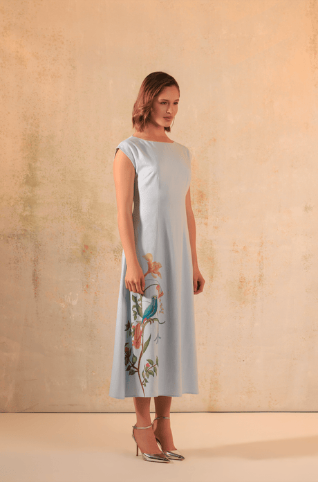 Baby Blue Linen Midi Dress with Floral Placement Print - Noētic