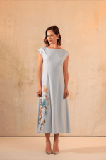 Baby Blue Linen Midi Dress with Floral Placement Print - Noētic