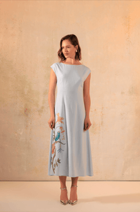 Baby Blue Linen Midi Dress with Floral Placement Print - Noētic