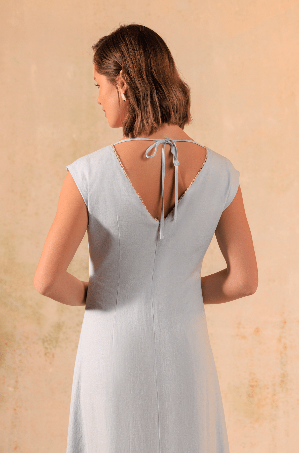 Baby Blue Linen Midi Dress with Floral Placement Print - Noētic