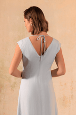 Baby Blue Linen Midi Dress with Floral Placement Print - Noētic