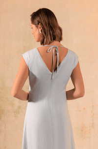 Baby Blue Linen Midi Dress with Floral Placement Print - Noētic
