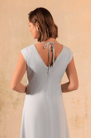 Baby Blue Linen Midi Dress with Floral Placement Print - Noētic