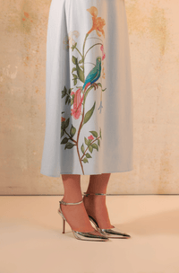 Baby Blue Linen Midi Dress with Floral Placement Print - Noētic