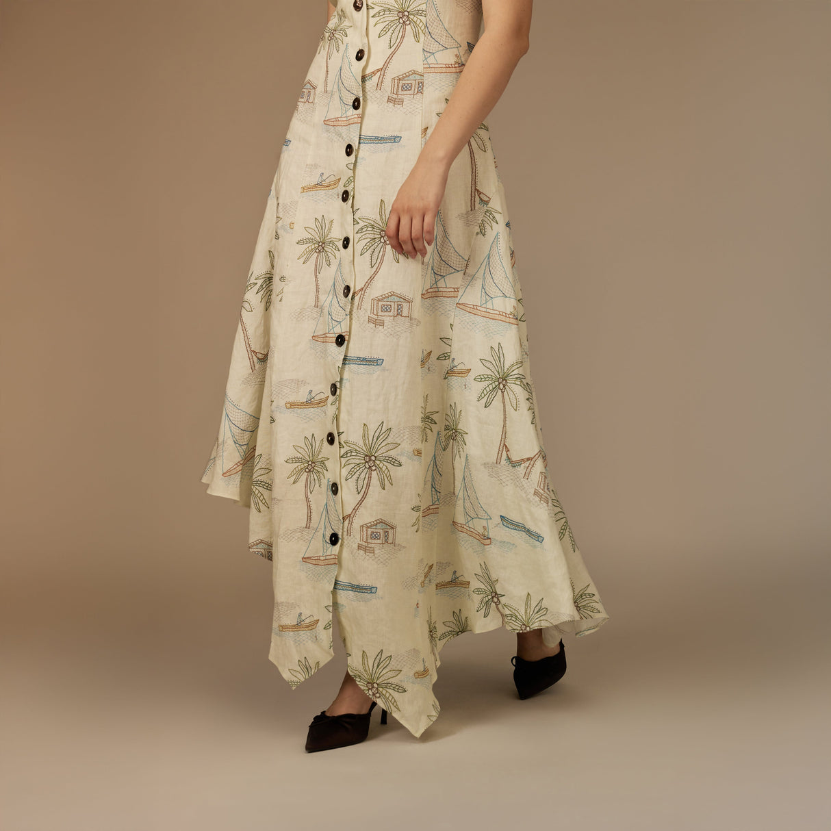 Beige Coastal Printed Linen Dress - Noētic