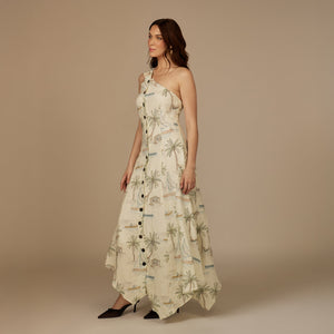 Beige Coastal Printed Linen Dress - Noētic
