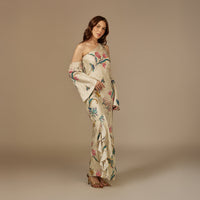 Beige Satin Jacquard Whimsical Blooms Dress - Noētic