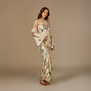 Beige Satin Jacquard Whimsical Blooms Dress - Noētic