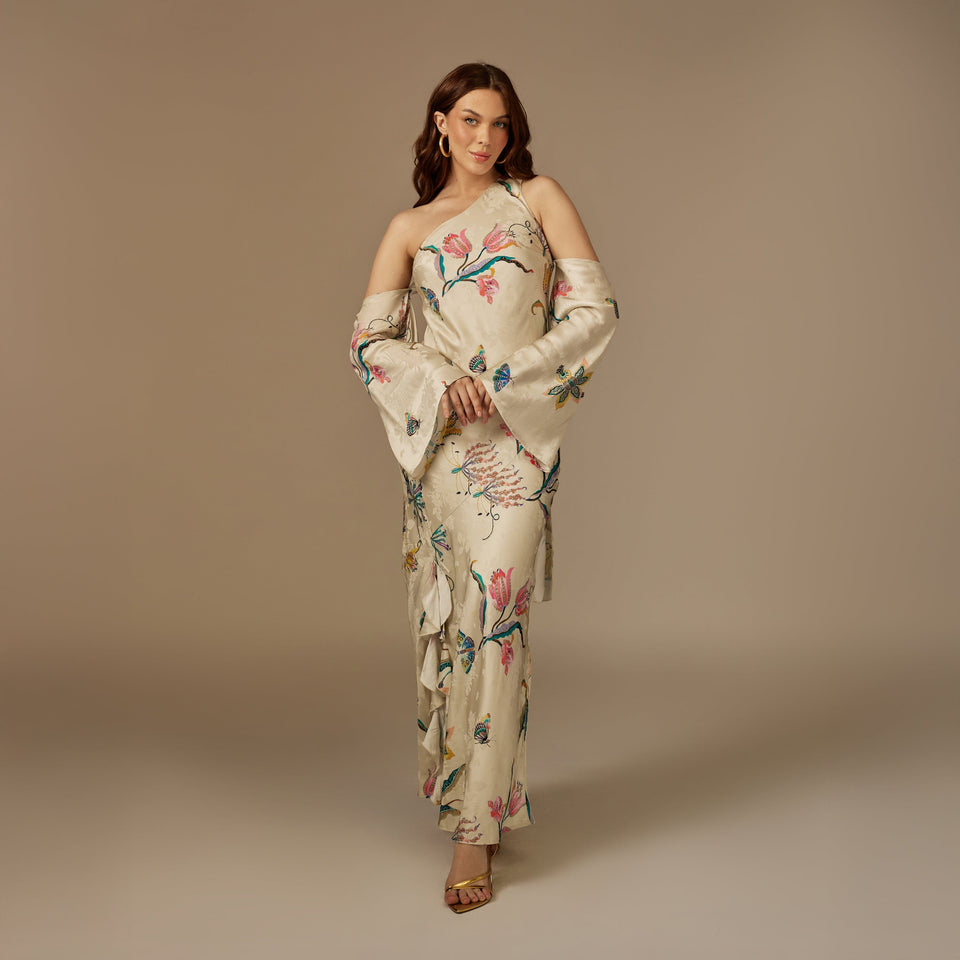 Beige Satin Jacquard Whimsical Blooms Dress XS